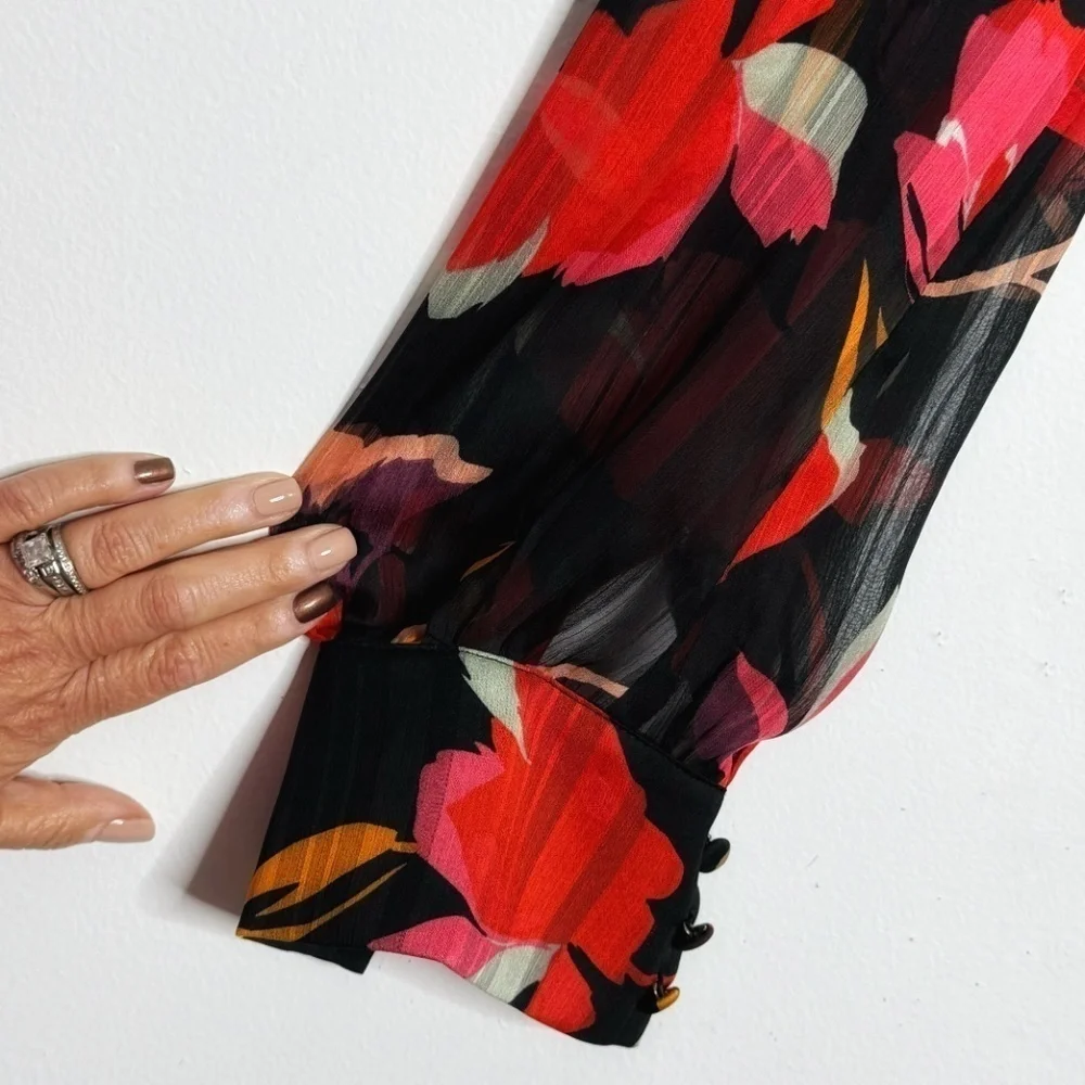 Adelyn Rae Wrap Dress High Low Chiffon Long Sleeve Black Red Print Sheer Sleeve